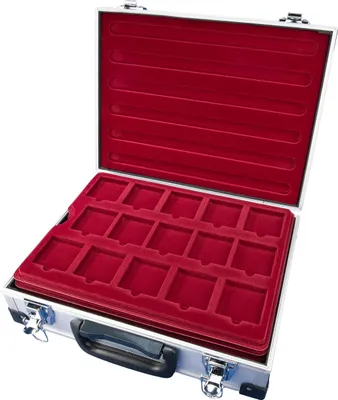 Produktbild von MC.Sammler Alu Münzenkoffer Münzkoffer inkl 5 Münztableaus für 75 Münzen 50x50mm (75 Fächer - 50x50mm)