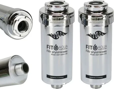 Two chrome shower filters are shown against a white background, with close-up shots of their connectors.