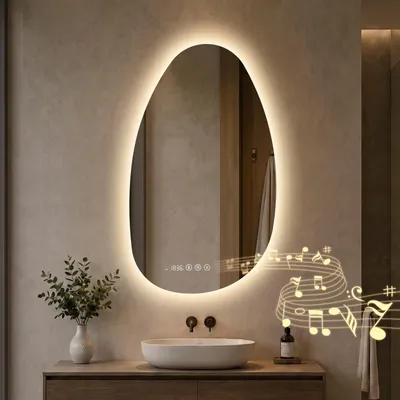 Produktbild von S'AFIELINA 85 x 50 cm Badspiegel mit Beleuchtung Asymmetrisch mit 3 Lichtfarben dimmbar, beschlagfrei, Bluetooth, Uhr, Temperatur, Speicherfunktion