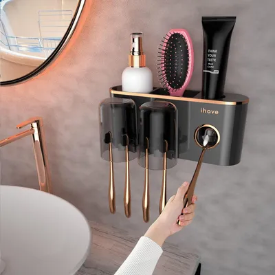 Productafbeelding van Tandenborstelhouder voor aan de muur, met tandenpastaspender, zwart en goud, 2 bekers, zonder boren