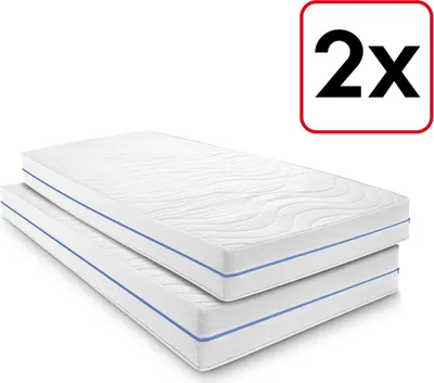 Two white mattresses stacked on top of each other, with blue trim. A red square with '2x' in black text is in the top right corner.