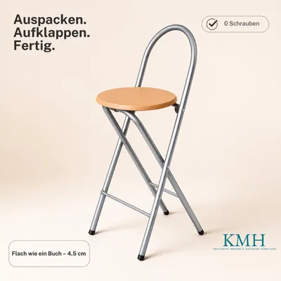 Produktbild von KMH® Barhocker Bill 1er-Set klappbar mit Lehne & Fußstütze – Silber/Buche