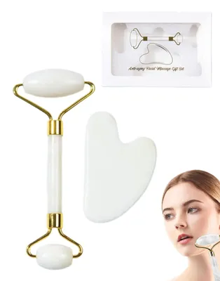 Obrázok produktu pre Masážny prístroj Gua Sha a roller, jadeitový, 2-dielny, na tvár a krk