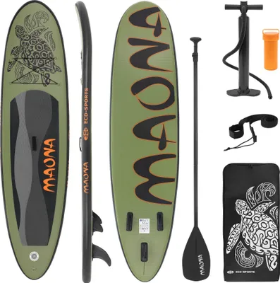 Produktbild von ECD Germany Nafukovací prkno Stand Up Paddle Board Maona, 308x78x10 cm, olivová barva, PVC, do 120 kg, pumpa, taška na přenášení příslušenství
