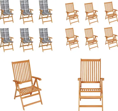 Produktbild von vidaXL Gartenstühle 6 Stk. Graue Karomuster Kissen Massivholz Teak - Gartenstuhl - Gartenstühle - Gartensessel - Klappstuhl