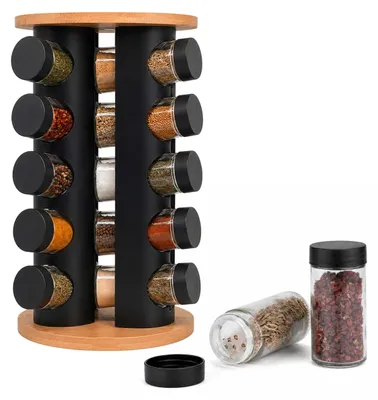Produktbild von Relaxdays Gewürzkarussell, 20 Gläser, 360° drehbarer Gewürzständer, HD: 33x19,5 cm, Bambus & Edelstahl, natur/schwarz