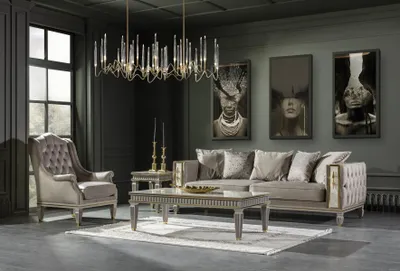 Productafbeelding van Woonkamer set, grijs: moderne bank, salontafel, fauteuil en bijzettafeltje, 4-delig.