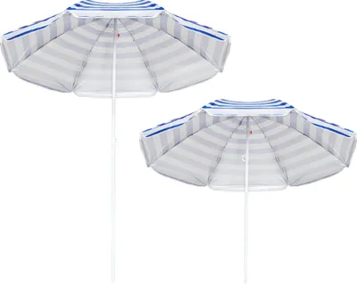 Produktbild von Strandschirm groß faltbar – stabiler Sonnenschirm mit Bodenanker für Balkon Garten & Camping weiß-blaue streifen