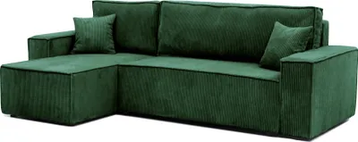 A dark green sectional sofa with corduroy upholstery.