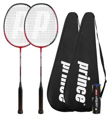 Obrázek produktu pro Dvojsada badmintonových raket Prince Pro Warrior: grafitová, včetně raket, ochranných sáčků, ideální pro rekreační hráče.