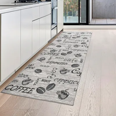 Produktbild von Küchenläufer grau mit Gelrücken und Schriftzug in schwarz Größe - 80 x 250 cm