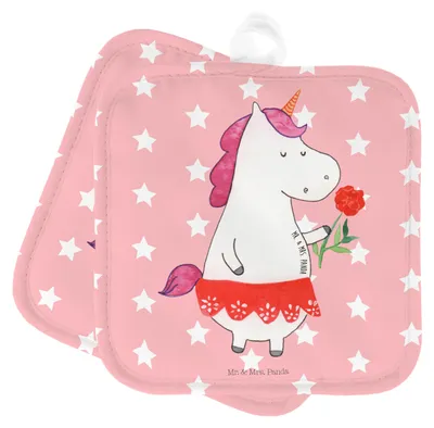 Produktbild von Mr. & Mrs. Panda Topflappen Einhorn Dame - Rot Pastell - Geschenk, Topfuntersetzer, Frau, Bachelorette, Kochlappen, topfhalter, Ofenlappen, Bachelor, Trennung, Set