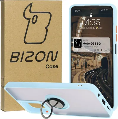 Produktbild von Bizon Case Hybrid Ring Fingerringhülle für Motorola Moto G35 5G, Rauch mit hellblauem Rahmen