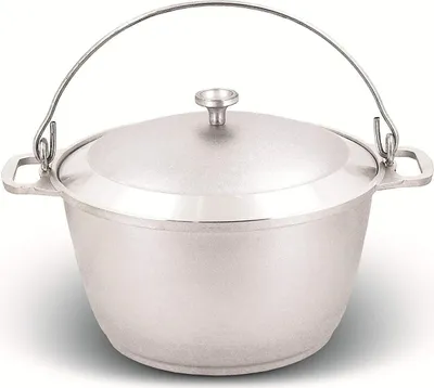 A silver camping pot with a lid and a handle, shown on a white background.