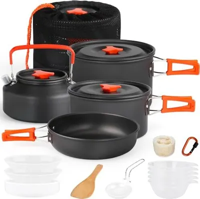 Produktbild von Gutsdoor-Camping-Geschirrset, 16 Stücke, Kochgeschirrset 2-4 Personen im Freien, 2 Töpfe, Kochtopf Aluminium Teekessel tragbarer Besteck, Camping, Cam