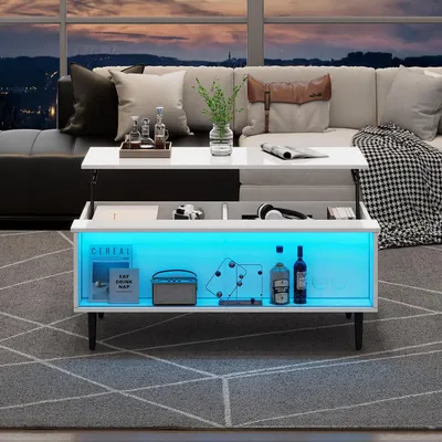 Obrázok produktu pre Konferenčný stolík, 105 x 50 x 43 cm, výška nastaviteľná až do 58 cm, 100% drevotrieska, tvrdené sklo, biela farba, s ukrytým úložným priestorom a LED osvetlením