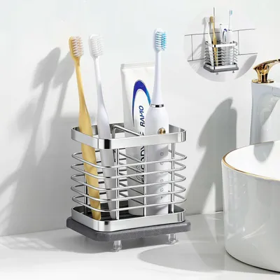 Image de Support mural pour brosses à dents, modèle à 2 compartiments, en acier inoxydable argenté, avec compartiment de séchage et crochets adhésifs