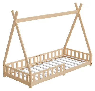 Produktbild von HAGO24 Kinderbett 200x90cm Natur Tipi Bettgestell Holzhaus Zeltoptik Rausfallschutz Lattenrost Kiefernholz Dekorierbar Montessori Stil Spielbett