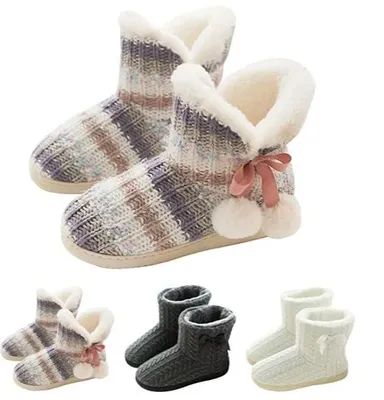 Produktbild von Hausstiefel Damen Plüsch Gefüttert Hausschuhe Feste Sohle rutschfest-Mehrfarbig