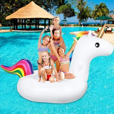 Produktbild von Unyqoos® Aufblasbare Einhorn‑Schwimmmatratze XXL, farbenfroh, PVC 0,3 mm, 240 x 110 x 150 cm – für 2 Erwachsene oder 3 Kinder, 3 Ventile, Handgriffe, Reparaturset
