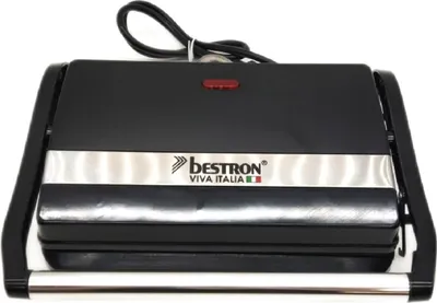 Produktbild von Bestron elektrischer Kontaktgrill mit Auffangschale, Sandwichmaker mit Cool-Touch-Handgriff, Paninimaker mit Antihaftbeschichtung, 700 Watt, APM123Z, Farbe: Schwarz