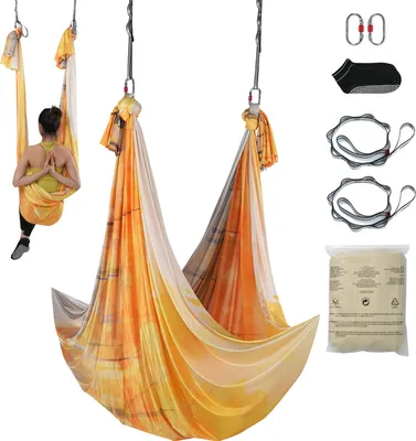 Produktbild von VEVOR Aerial Yoga Hängematte Set 5 x 2,8 m, Golden Aerial Yoga Swing Air Fliegen, Yoga-Schaukel Hammock Swing 1000 kg Max. Tragfähigkeit, inkl. Yoga-Socken & Stahlkarabiner, Anti-Gravity-Übungen