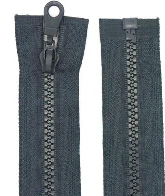 Two parts of a dark gray zipper are shown against a white background. One part shows the top of the zipper with the pull tab, and the other part shows the bottom of the zipper.