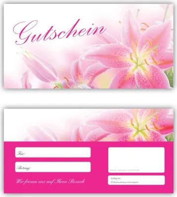 Produktbild von 10 Geschenkgutscheine (Blumen-682) - Ein schönes Produkt für Ihre Kunden Gutscheine Gutscheinkarten für Bereiche wie Geschenke, Geburtstag, Freizeit, Wellness, Feier, Jubiläum, Frühling, Sommer, Blumenhandel - pink rosa Lilien