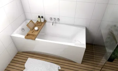 Produktbild von ECOLAM Badewanne Rechteck Virgo Acryl weiß 180x80 cm + Bambus Ablage + Schürze 2 Teile Ablaufgarnitur Ab- und Überlauf Automatik Füße Silikon Komplett-Set