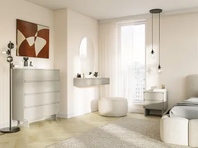 Nachtkästchen mit 2 Schubladen, Push-to-Open, Grau/Beige, 49,6x35x56 cm