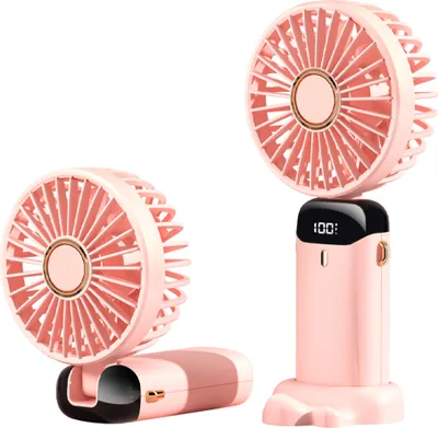 Two pink portable fans shown from different angles on a white background.