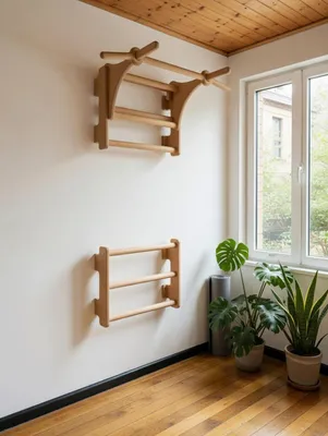 Immagine prodotto di Bear on Bar Set per dip - 2 mini scalette - Barra a innesto 94 cm - Set da parete per esercizi - Legno - Larghezza 48 cm - Scalette 59 cm