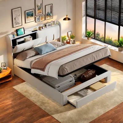 Immagine prodotto di Letto imbottito ProximaX 160x200cm con USB, letto in velluto con cassetti, letto per ragazzi letto matrimoniale con rete a doghe e contenitore, letto contenitore con LED, beige