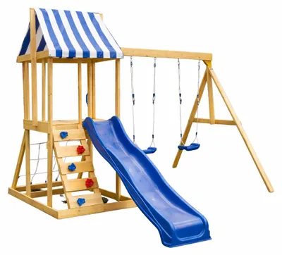Obrázek produktu pro Dřevěná herní sada GINGER HOME 4 v 1 pro venkovní použití – skluzavka 1,8 m, 2 houpačky, kladička a lezecká síť, rozměry 308 × 318 × 244 cm