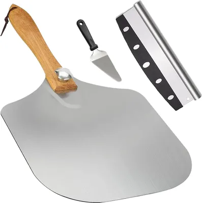 Produktbild von Pizzaschieber für Pizzastein-Set, extra großer Pizzaschieber aus Aluminium mit klappbarem Holzgriff (35,7 x 30,5 cm) Pizzaschaufel für Grill oder Ofen