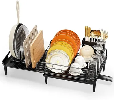 Produktbild von PolkaHome® Ausziehbares Abtropfgestell für Geschirr, klappbares Spülgestell für Küchenarbeitsplatte, Edelstahl, zusammenklappbares