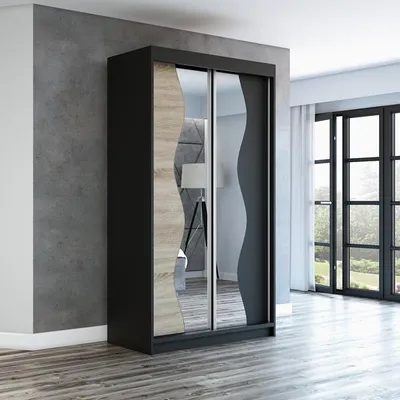 Produktbild von Schwebetürenschrank, 2-türig Schrank mit Spiegel! Moderne Garderobe für Kleidung. Verschiedene Farben (Weiß, Schwarz, Somona) Kleiderschrank RIMA 120 cm