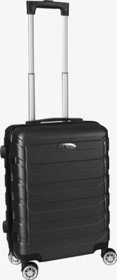 A black suitcase with a telescopic handle and four wheels is shown against a white background.
