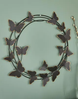 Produktbild von 3D Wanddeko "schmetterlinge" aus Metall, schwarz & gold, rund, Ø 50 cm, Wandhänger, Wandschmuck, Metalldeko