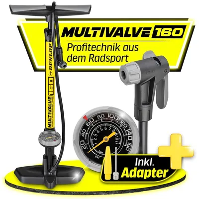 Produktbild von Dunlop Fahrradpumpe Luftpumpe Fahrrad alle Ventile -Premium Standpumpe Fahrrad aus Aluminium bis 11 bar für Schrader, Presto und französisches Ventil - Bike Pump mit Manometer und 2in1 Adapter Pumpe