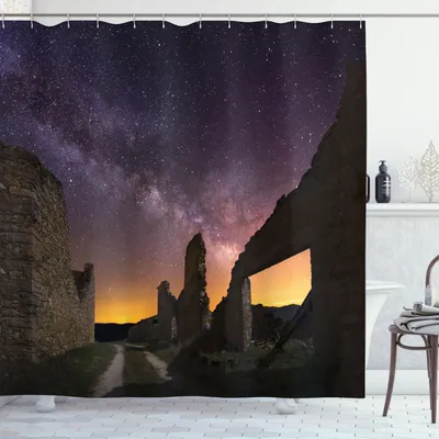 Immagine prodotto di ABAKUHAUS Tenda da doccia paesaggistica, Rovine antiche nella notte stellata Celestial Road Romanzo Età dell'eredità Indietro Tema, 175 x 200 cm, Indaco