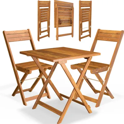Image de CASARIA® Salon De Jardin Exterieur - Petit Salon De Jardin Pliable En Bois D'acacia, 1 Table, 2 Chaises, Résistant Aux Intempéries, Intérieur Extérieur, Design Intemporel, Montage Rapide