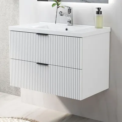 Produktbild von Waschtisch mit Unterschrank 80cm RIVA Badmöbel Set Weiß Keramik Waschbecken mit Unterschrank MDF Softclose