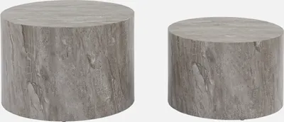 Two round coffee tables with a marble-like pattern are shown against a white background.