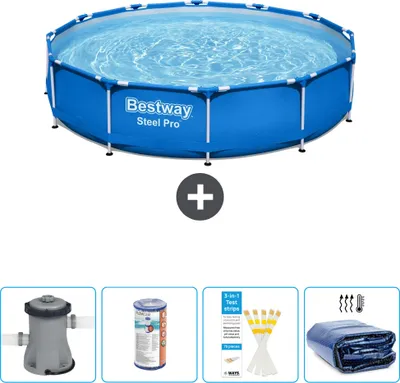 Produktbild von Bestway Round Steel Pro Swimmingpool – 366 x 76 cm – Blau – inklusive Pumpe Filter - Teststreifen - Sonnensegel