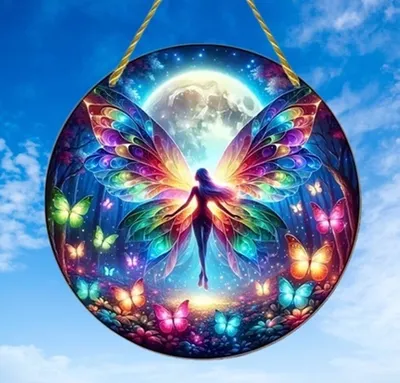 Produktbild von GKA Sonnenfänger Schmetterlingselfe 15 cm Schmetterling Elfe Fee Buntglas Lichtfänger Fensterbild Fenster Fensterschmuck Fensterdeko