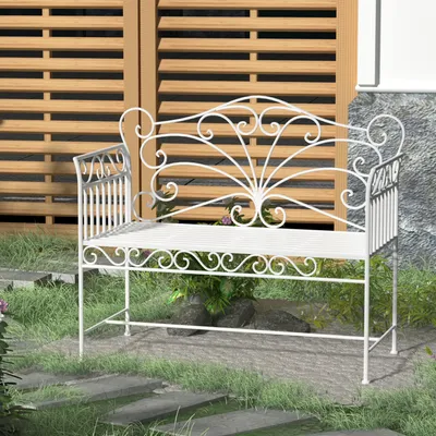 Produktbild von Gartenbank 2-Sitzer Metall, Parkbank pulverbeschichtet rostfrei, Vintage-Design, Weiß | 113,5 x 50 x 96 cm | bis 200 kg | wetterfest