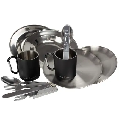 Produktbild von Black Snake® Camping Geschirr Set - flacher & tiefer Teller mit Besteck und Karabinerhaken Tasse - Edelstahl Outdoor Set für Camping & Picknick 2 Personen-Set