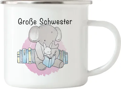 Produktbild von Große Schwester Emaille Tasse Süßes Motiv Elefant Hase Schwangerschaft Geschenkidee Baby-News