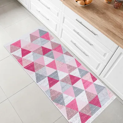 Immagine prodotto di Tappeto a pelo corto - Tappeto kilim Boho, tappeto per soggiorno, camera da letto e cucina, tappeto per corridoio, 60 x 180 cm, a scacchiera rosa chiaro